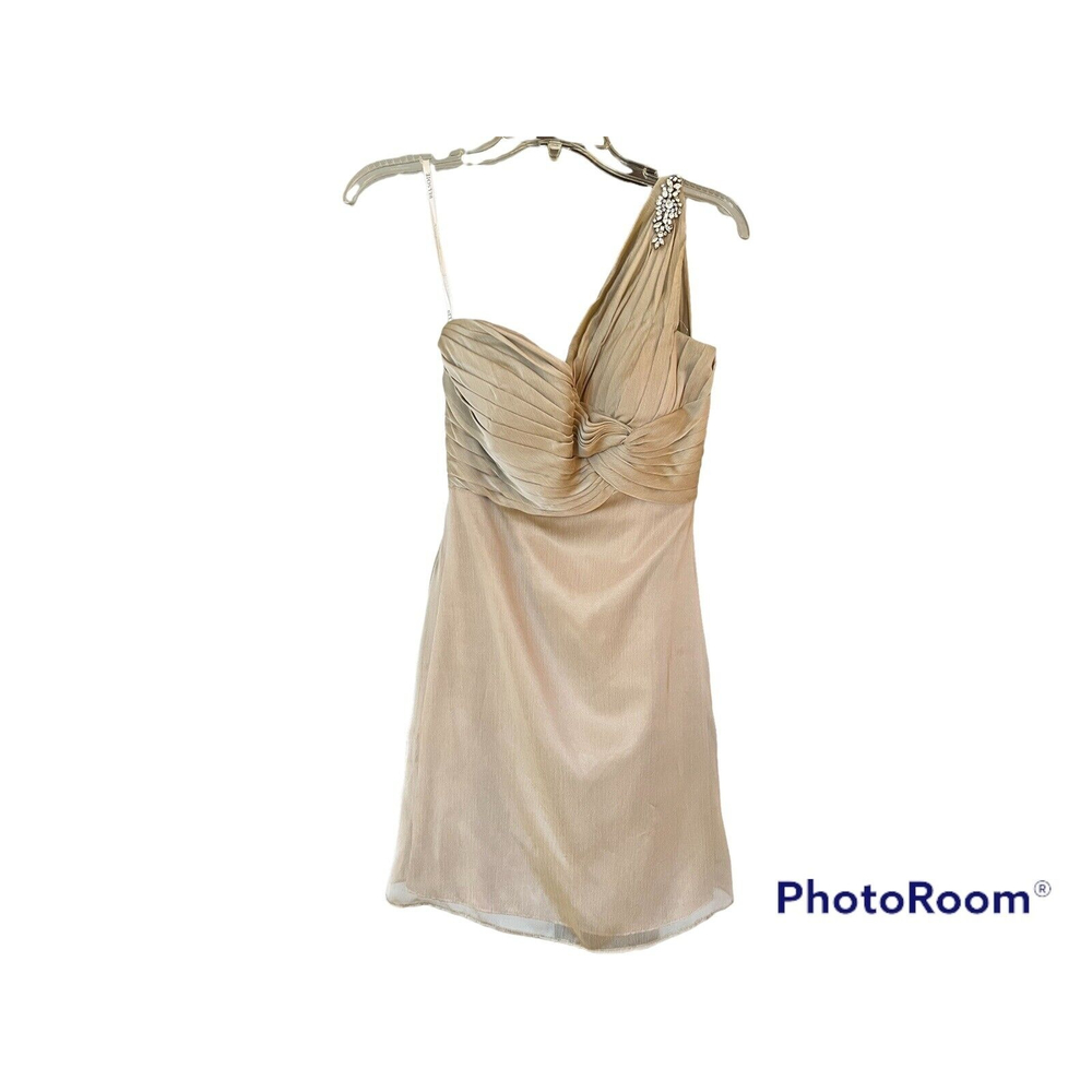Belsoie Beige One shoulder Dress With Crystal Accent size 4 Prom Dress